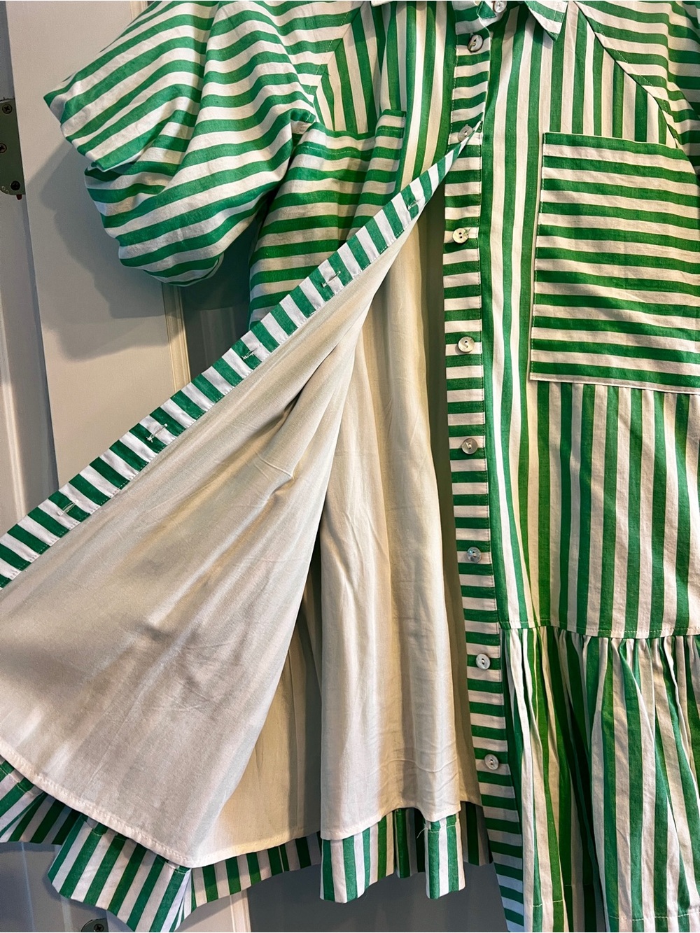 Pinch Green White Striped Short Sleeve Tiered Button Down Shirt Dress Small - Picture 6 of 8